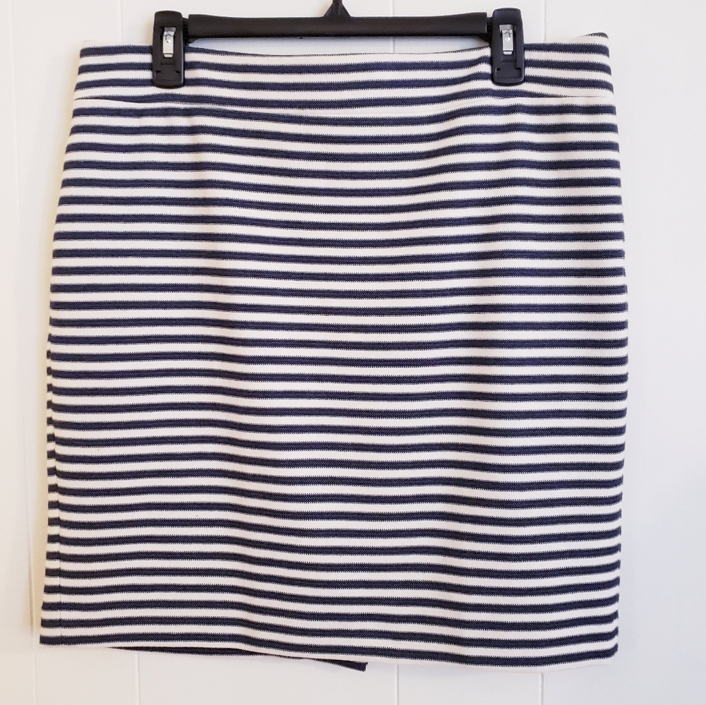 Ann Taylor Petite Skirt 12P Stripe White Blue Zip and Slit Back Lined Stretch.